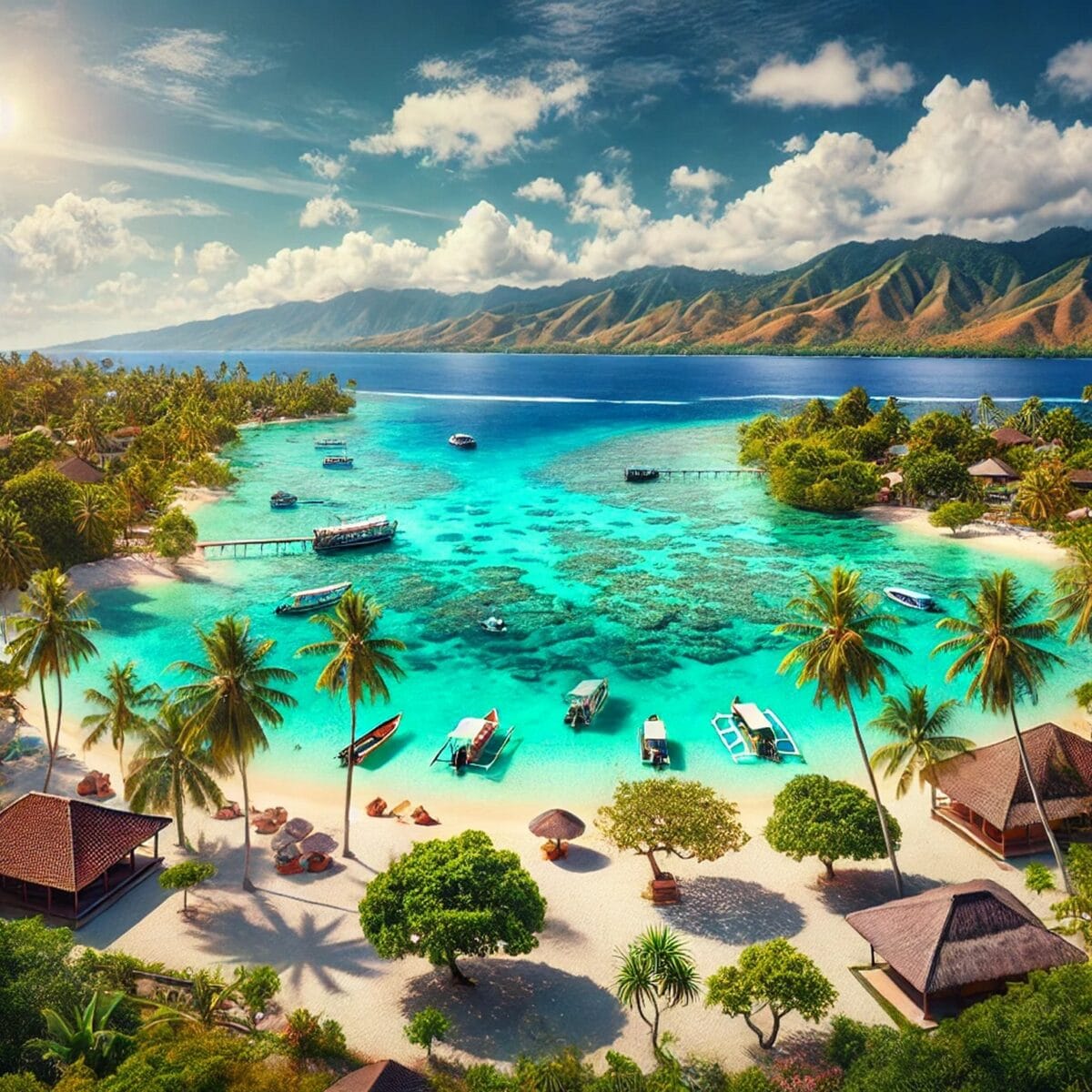 Aerial view of the Gili Islands with turquoise waters and white-sand beaches
