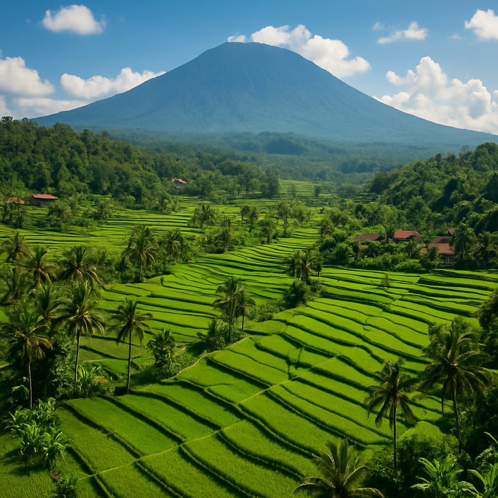 Sidemen Bali rice terraces with Mount Agung in the background on a sunny day.
